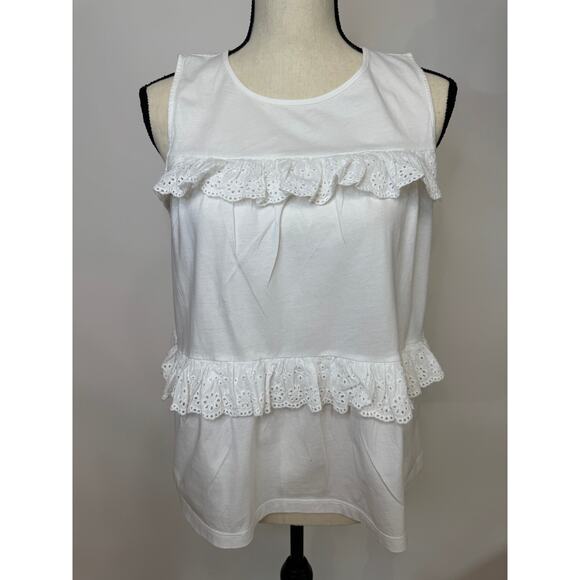 J crew White Sleeveless Eyelet Ruffle Tank Top Size L - Picture 1 of 8